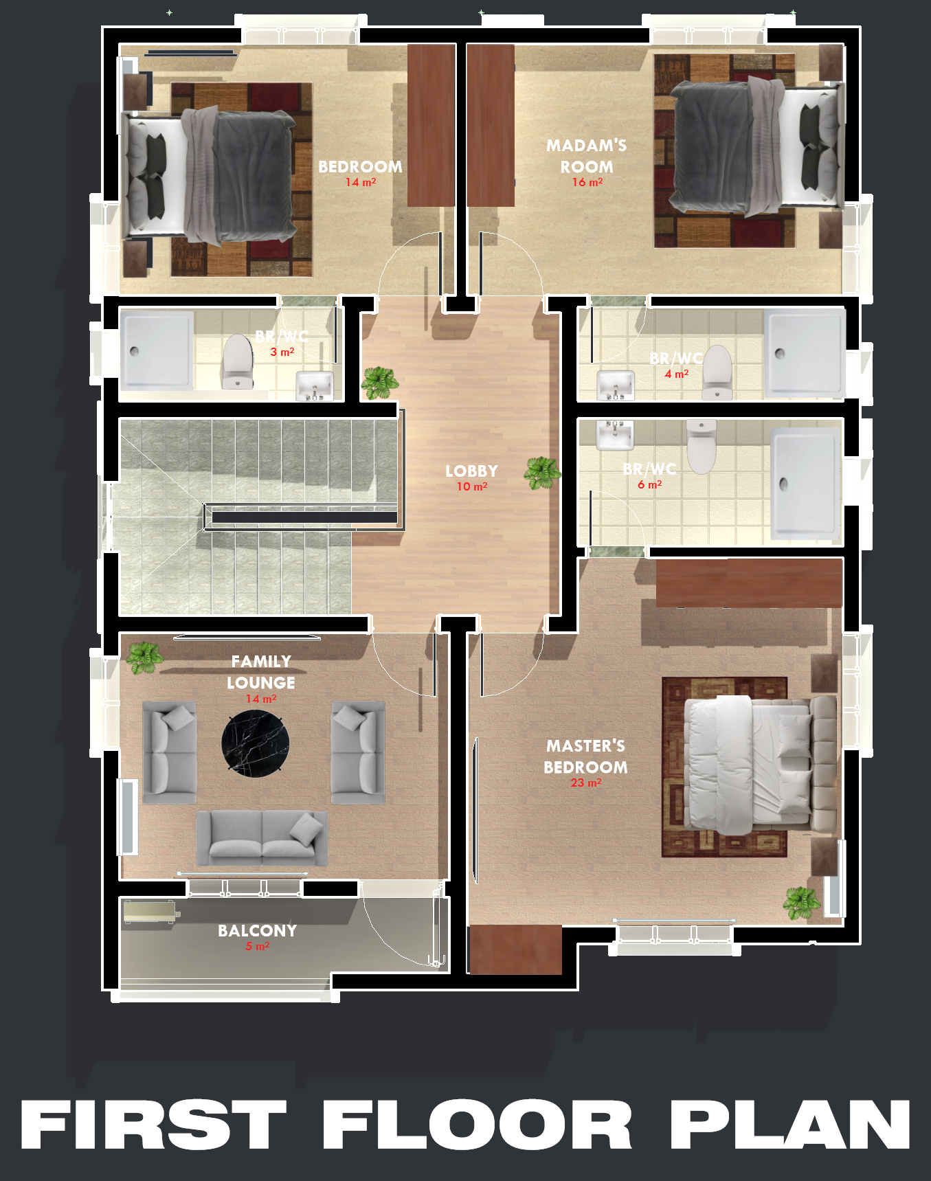 MODERN 4 BEDROOM DETACHED DUPLEX DESIGN - Floor Plan - 3 - FIRST FLOOR PRESENTATION PLAN